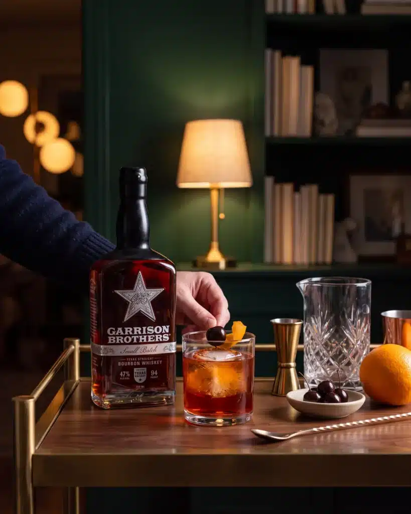 Down To Hearth bourbon cocktail on a home bar cart with a bottle of Garrison Brothers Small Batch Bourbon