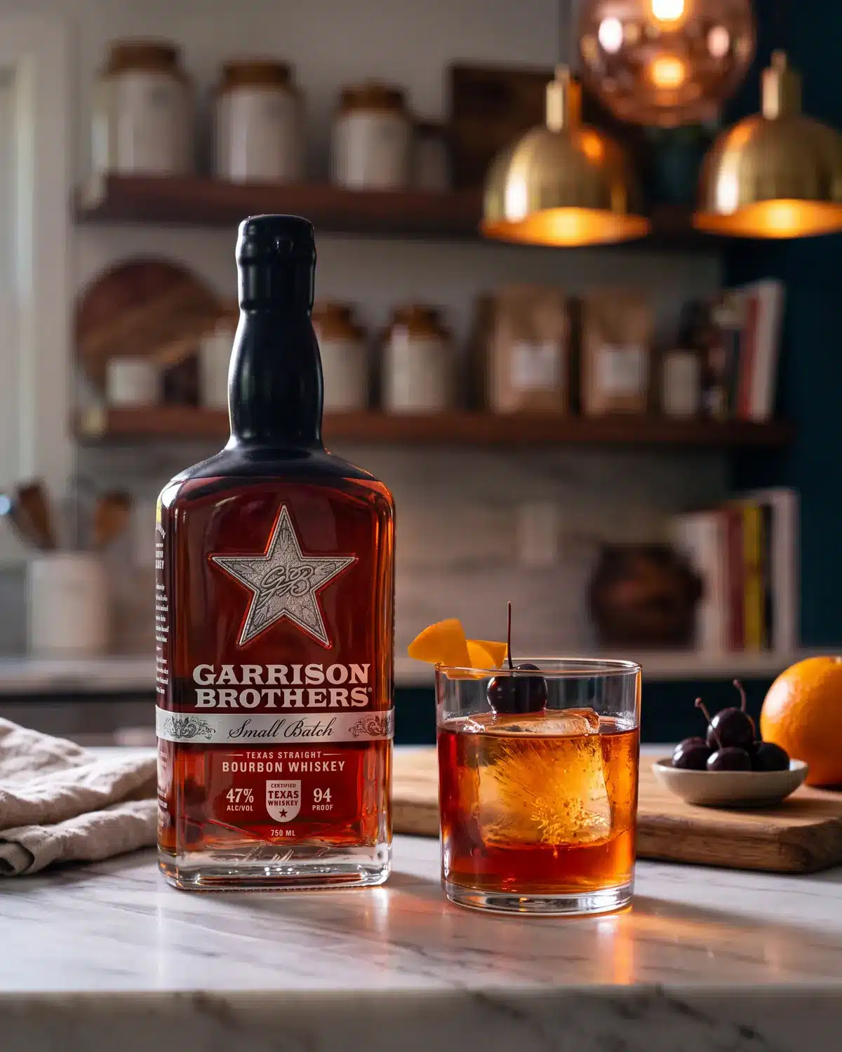 Down To Hearth bourbon cocktail on a kitchen counter with a bottle of Garrison Brothers Small Batch Bourbon
