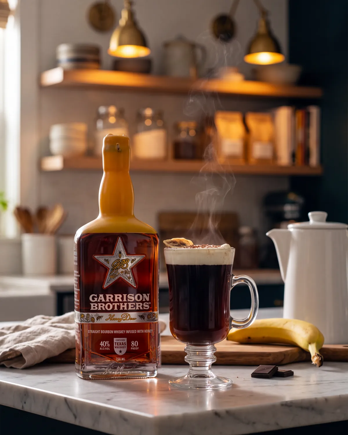 New Year, Same Me bourbon cocktail on a kitchen counter with a bottle of Garrison Brothers HoneyDew Bourbon