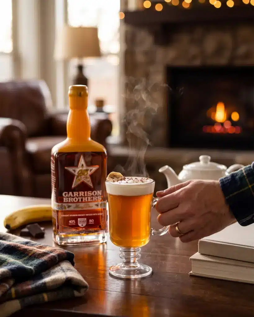 Texas Tea-Light bourbon cocktail by a stone fireplace with a bottle of Garrison Brothers HoneyDew Bourbon
