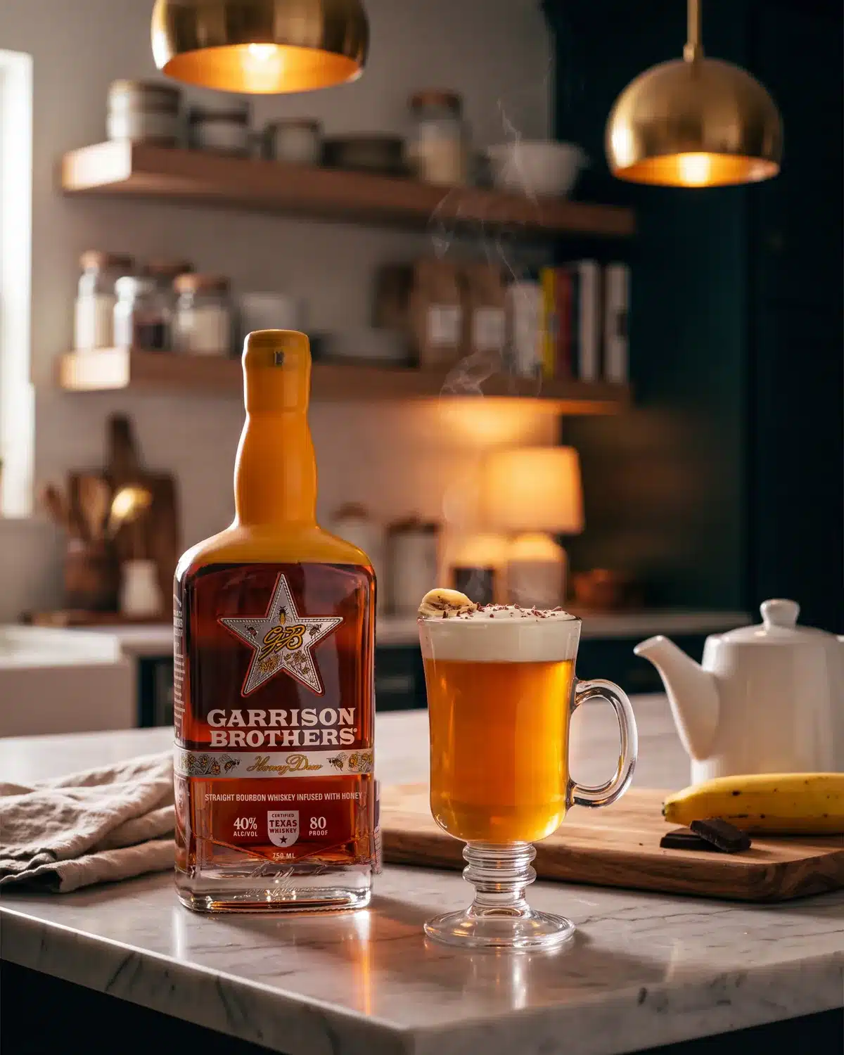 Texas Tea-Light bourbon cocktail on a kitchen counter with a bottle of Garrison Brothers HoneyDew Bourbon