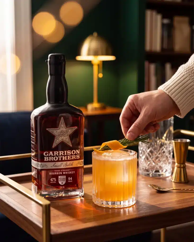 Wreath What You Sow bourbon cocktail on a home bar cart with a bottle of Garrison Brothers Small Batch Bourbon
