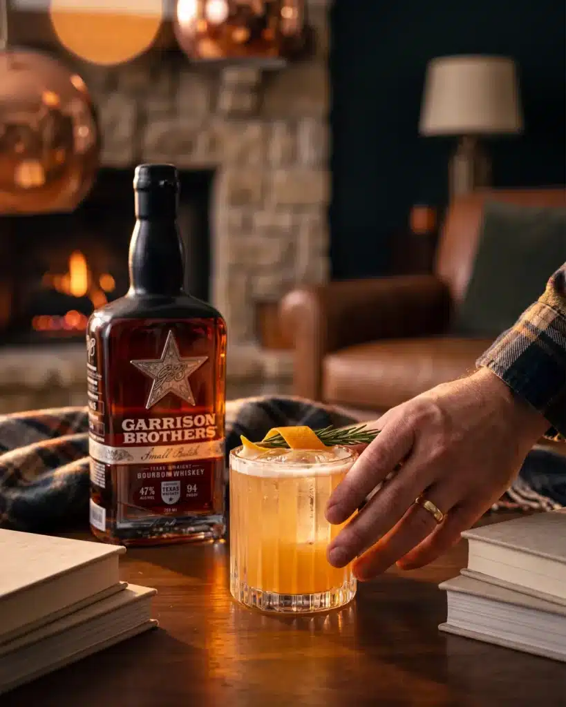 Wreath What You Sow bourbon cocktail by a stone fireplace with a bottle of Garrison Brothers Small Batch Bourbon