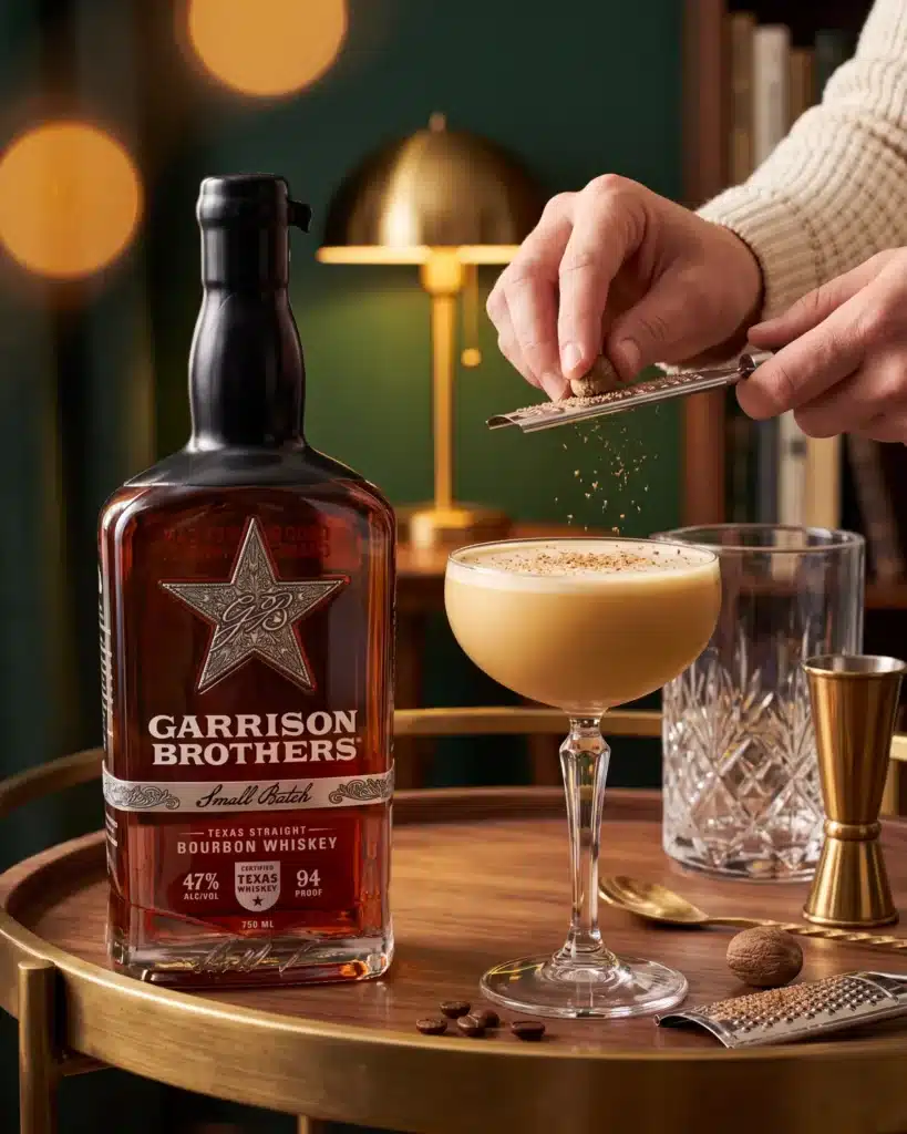 Yule Love It bourbon cocktail on a home bar cart with a bottle of Garrison Brothers Small Batch Bourbon