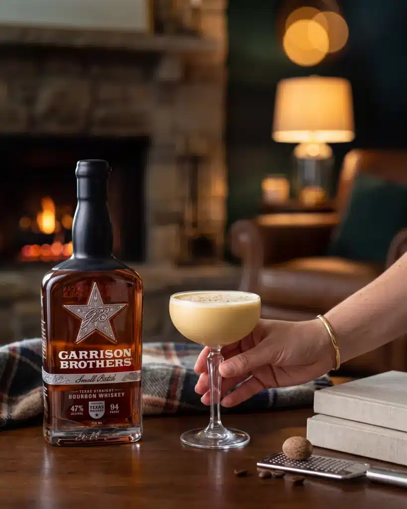 Yule Love It bourbon cocktail by a stone fireplace with a bottle of Garrison Brothers Small Batch Bourbon