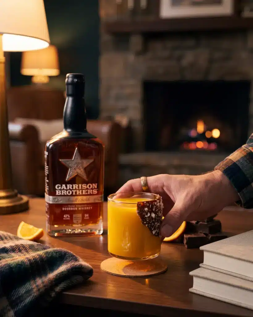 Cosmic Cowboy bourbon cocktail by a stone fireplace with a bottle of Garrison Brothers Small Batch Bourbon