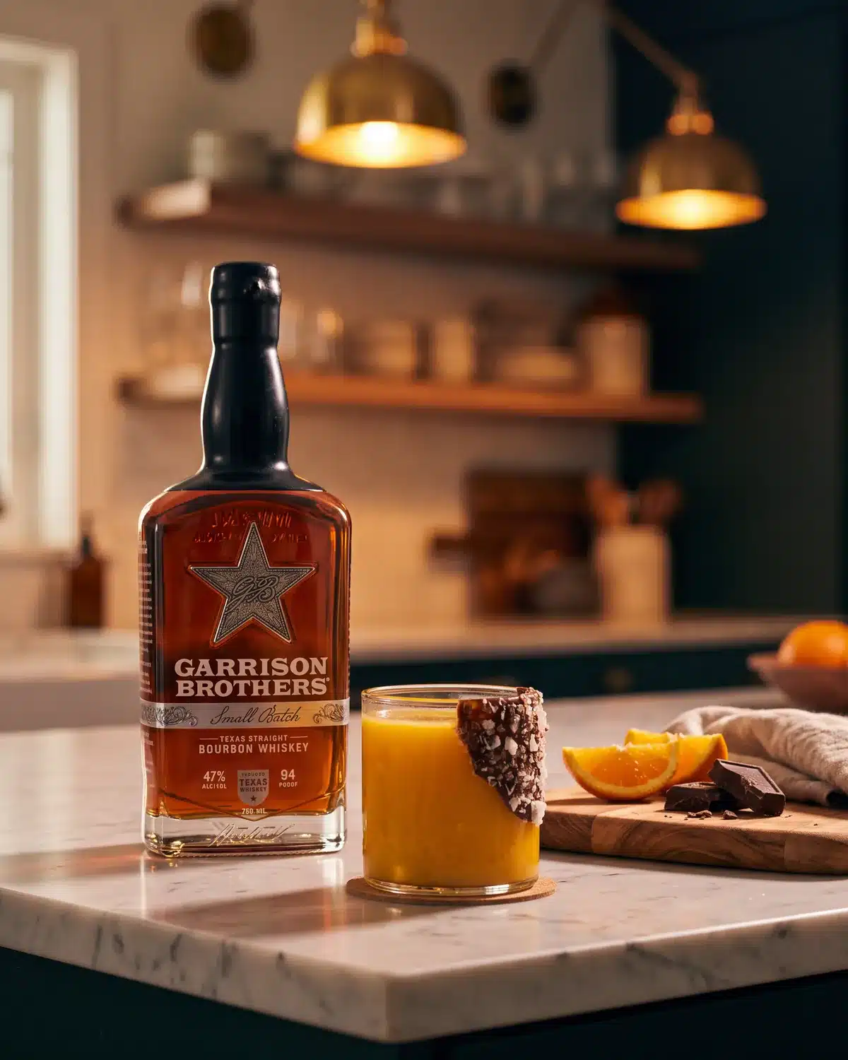 Cosmic Cowboy bourbon cocktail on a kitchen counter with a bottle of Garrison Brothers Small Batch Bourbon