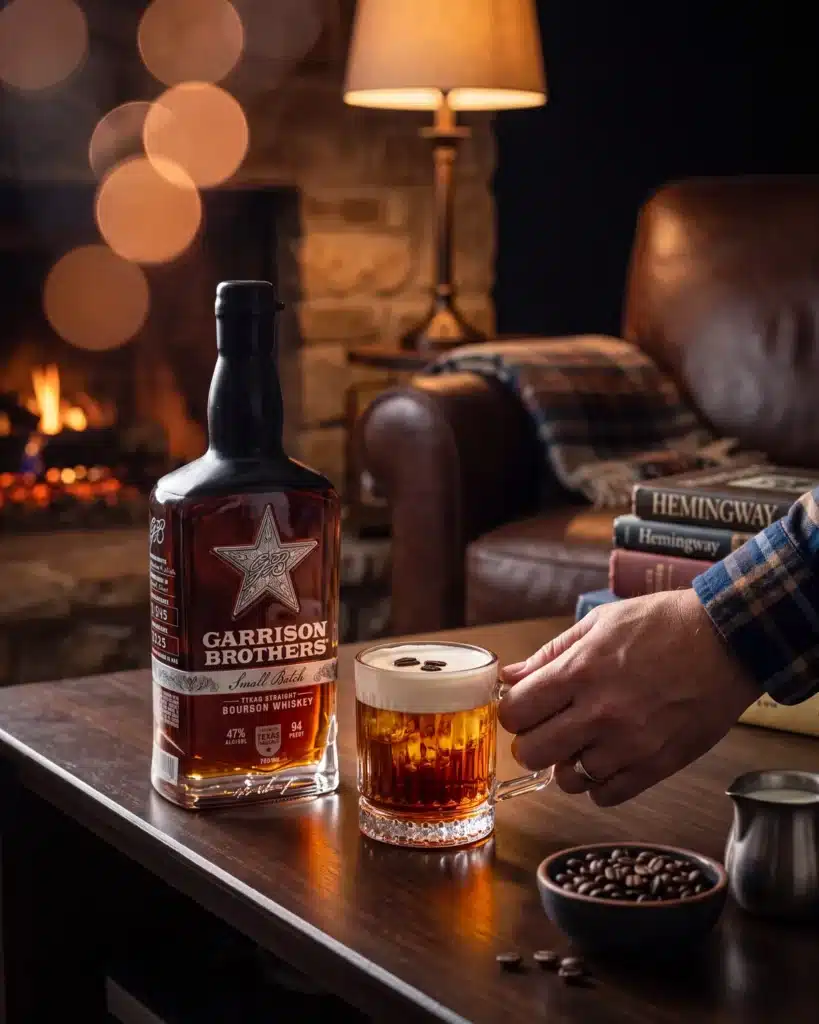 Arabica Old Fashioned bourbon cocktail by a stone fireplace with a bottle of Garrison Brothers Small Batch Bourbon