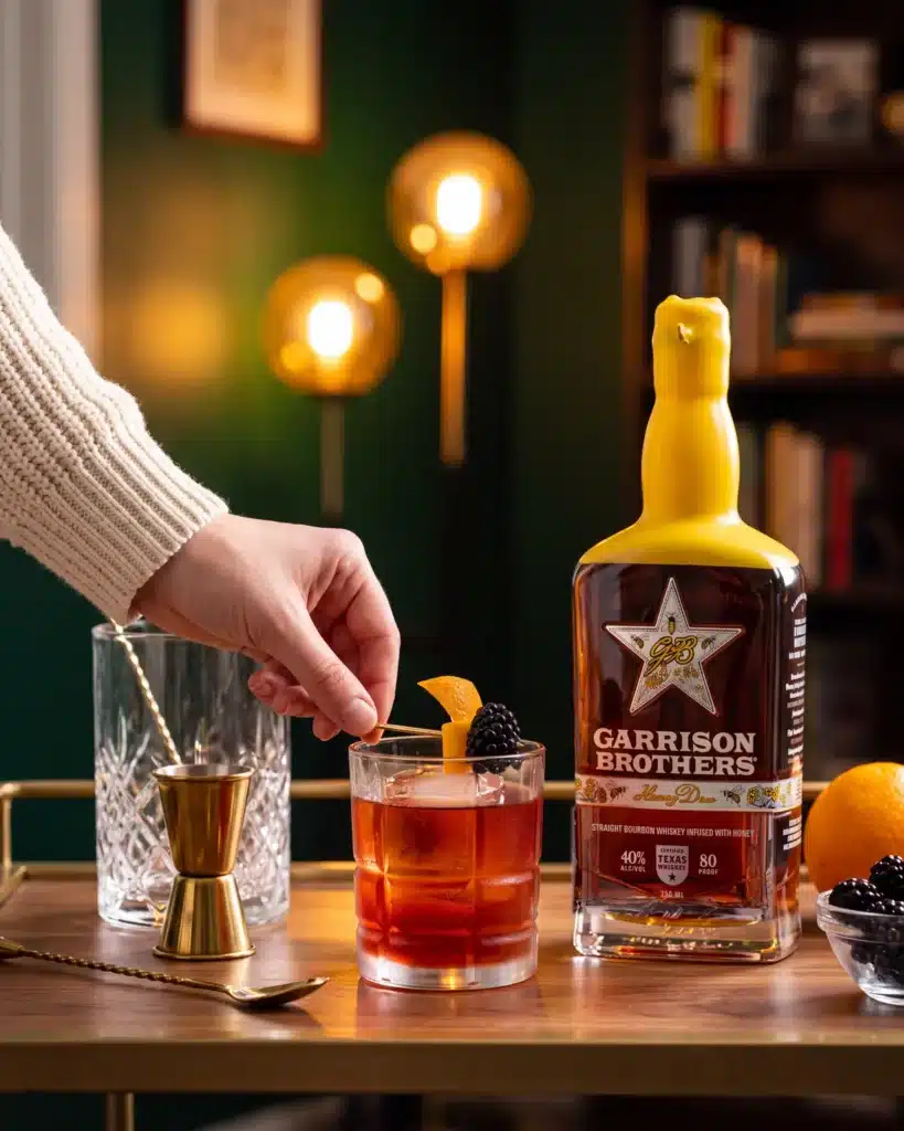Berry Barrel Roll bourbon cocktail on a home bar cart with a bottle of Garrison Brothers HoneyDew Bourbon