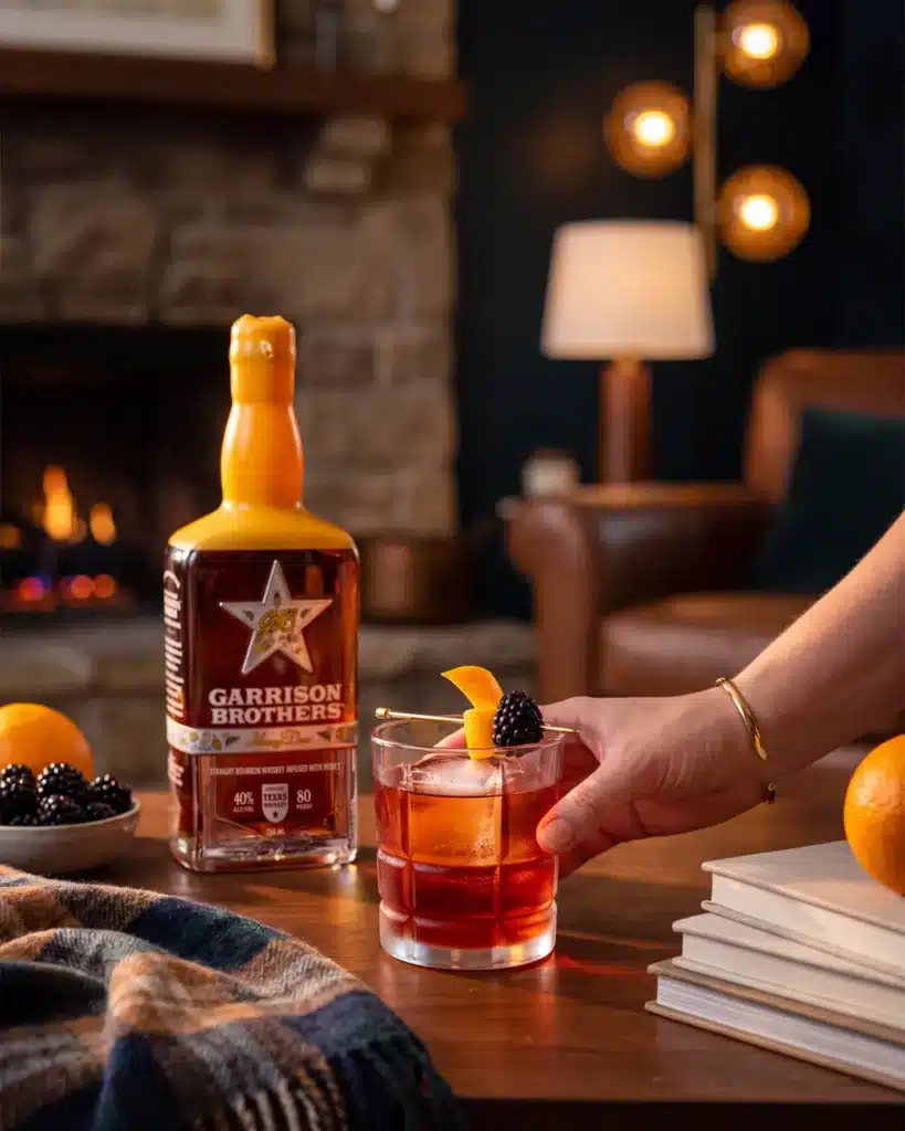 Berry Barrel Roll bourbon cocktail by a stone fireplace with a bottle of Garrison Brothers HoneyDew Bourbon