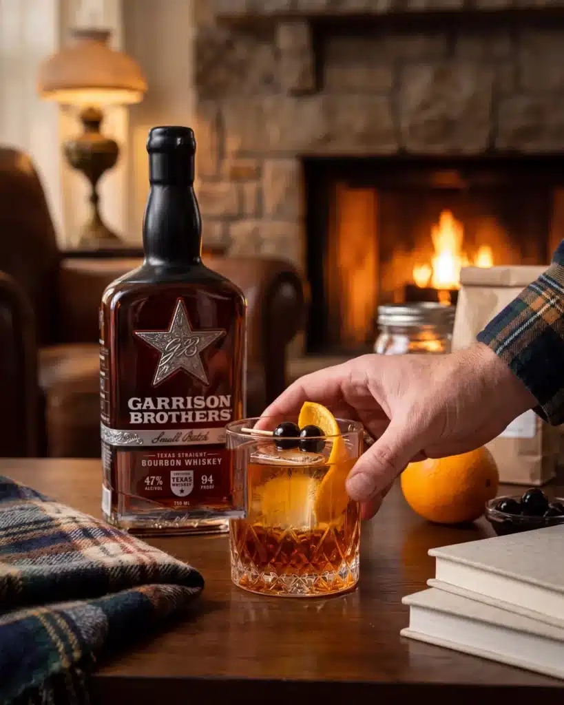 Classic Old Fashioned bourbon cocktail by a stone fireplace with a bottle of Garrison Brothers Small Batch Bourbon