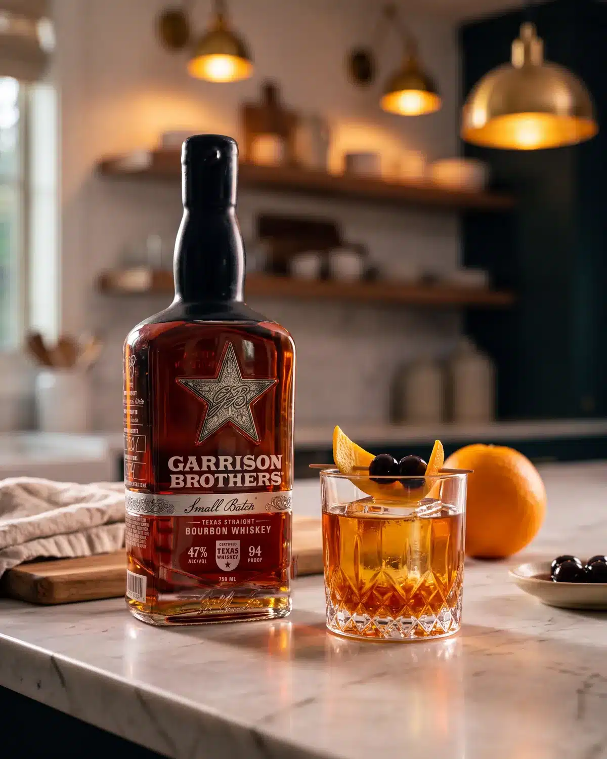 Classic Old Fashioned bourbon cocktail on a kitchen counter with a bottle of Garrison Brothers Small Batch Bourbon