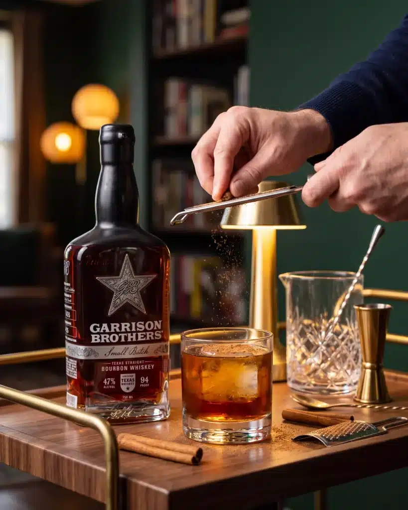 Fireside Old Fashioned bourbon cocktail on a home bar cart with a bottle of Garrison Brothers Small Batch Bourbon