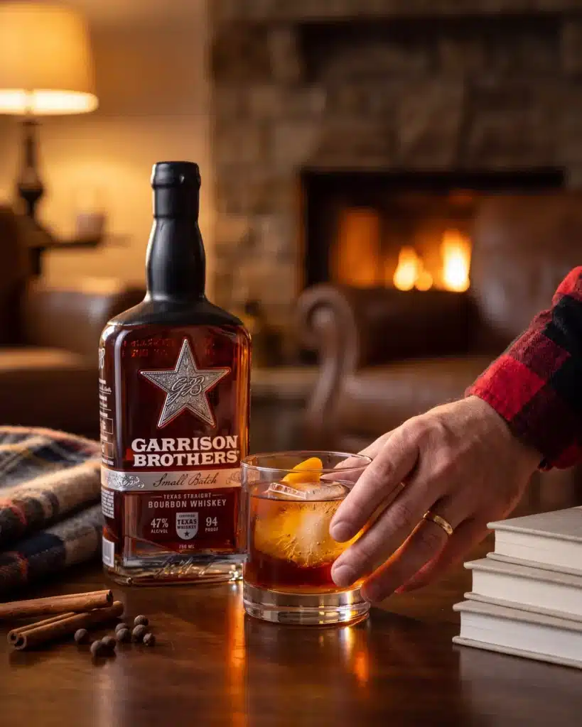 Fireside Old Fashioned bourbon cocktail by a stone fireplace with a bottle of Garrison Brothers Small Batch Bourbon