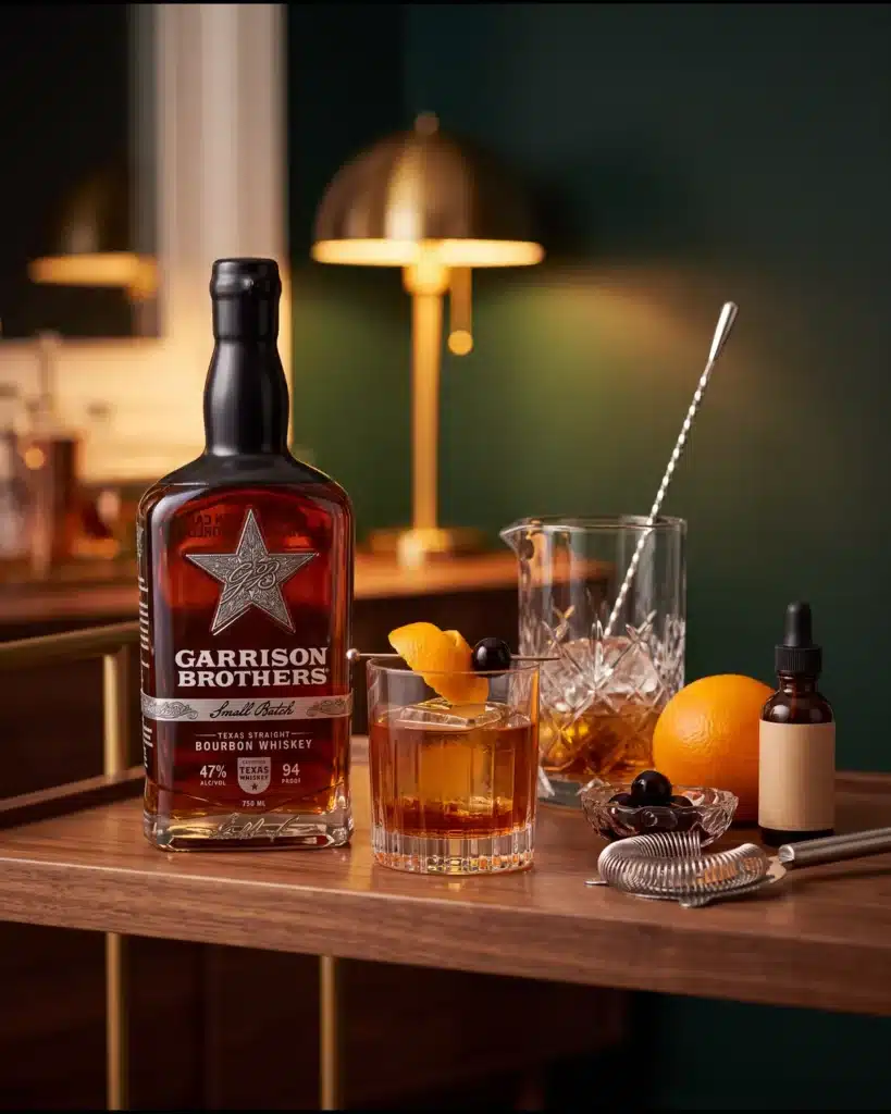 Garrison Brothers Signature Old Fashioned bourbon cocktail on a home bar cart with a bottle of Garrison Brothers Small Batch Bourbon