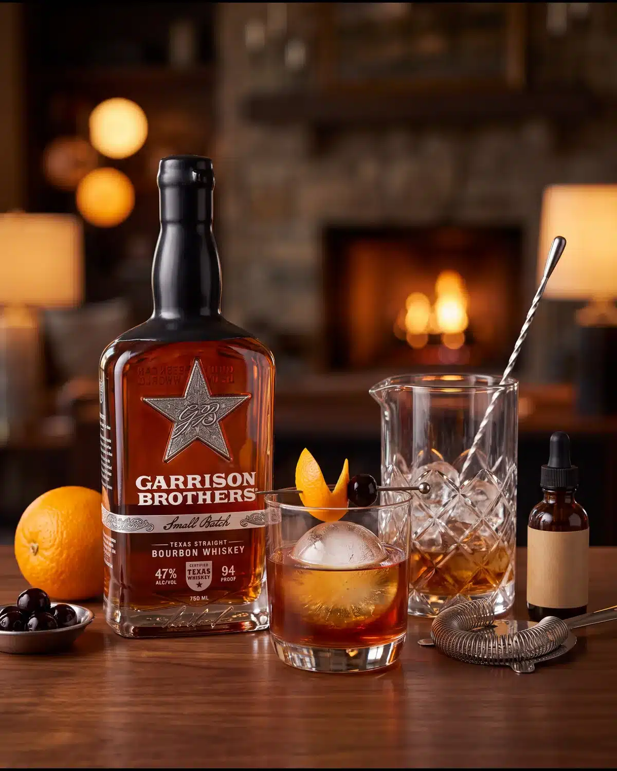 Garrison Brothers Signature Old Fashioned bourbon cocktail by a stone fireplace with a bottle of Garrison Brothers Small Batch Bourbon