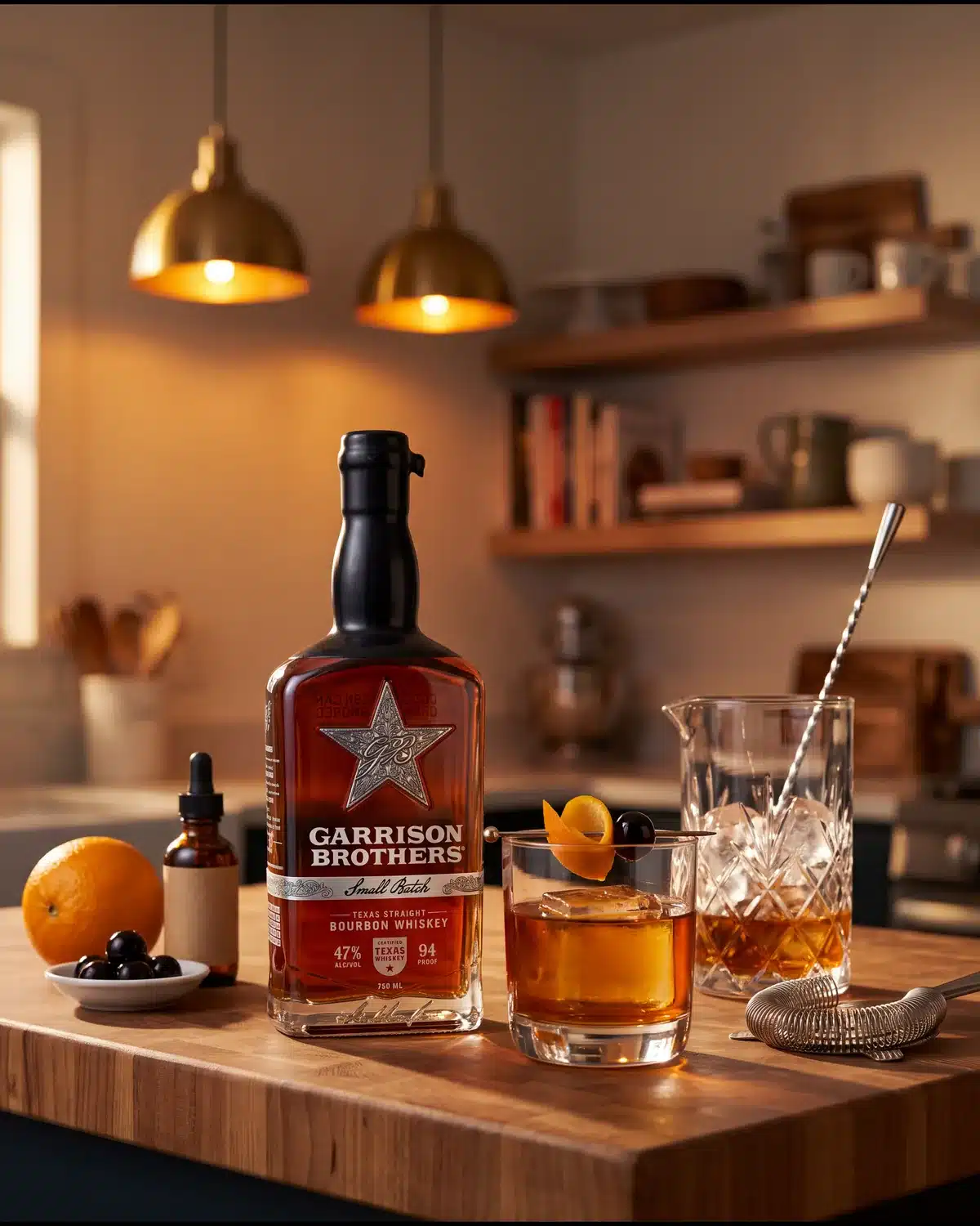 Garrison Brothers Signature Old Fashioned bourbon cocktail on a kitchen counter with a bottle of Garrison Brothers Small Batch Bourbon