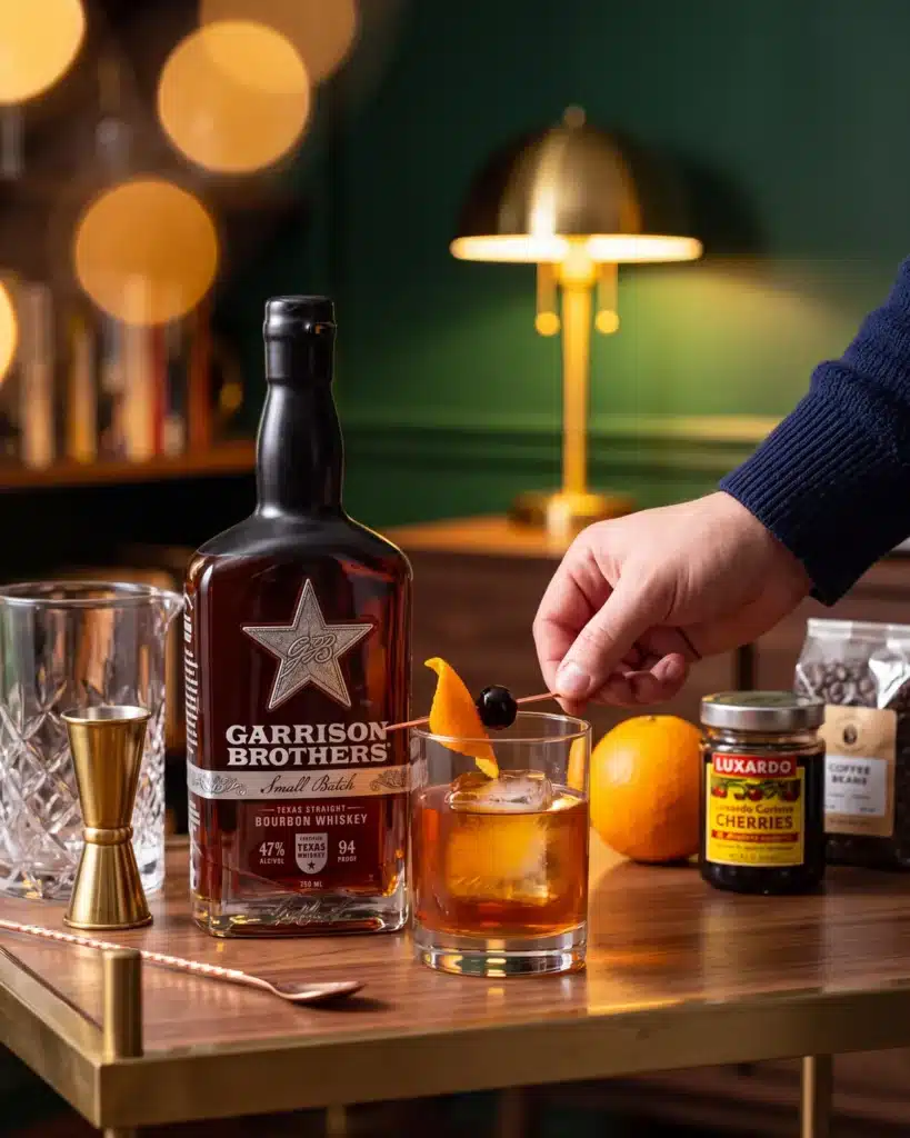 Kick Start bourbon cocktail on a home bar cart with a bottle of Garrison Brothers Small Batch Bourbon