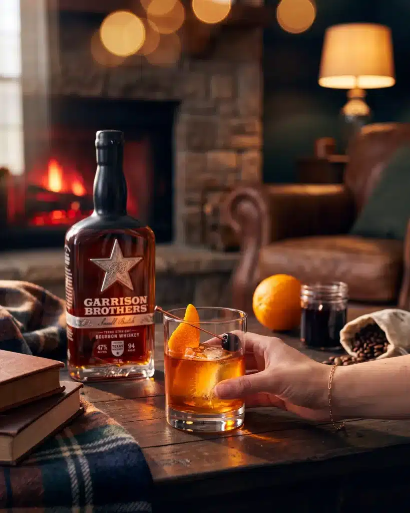 Kick Start bourbon cocktail by a stone fireplace with a bottle of Garrison Brothers Small Batch Bourbon