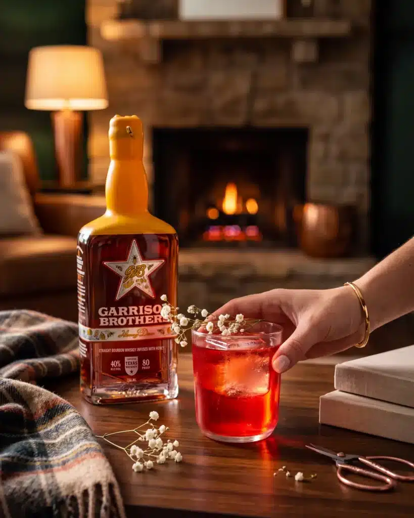 Old Fashioned Sloe-Cookin' bourbon cocktail by a stone fireplace with a bottle of Garrison Brothers HoneyDew Bourbon
