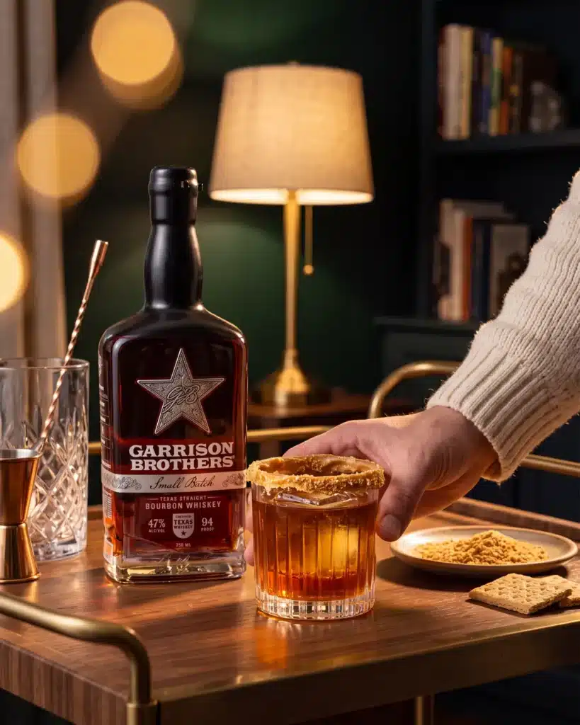 Peanut Butter You Up bourbon cocktail on a home bar cart with a bottle of Garrison Brothers Small Batch Bourbon