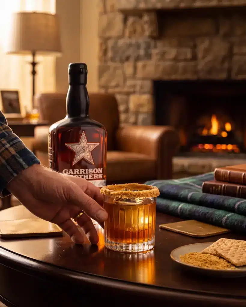 Peanut Butter You Up bourbon cocktail by a stone fireplace with a bottle of Garrison Brothers Small Batch Bourbon