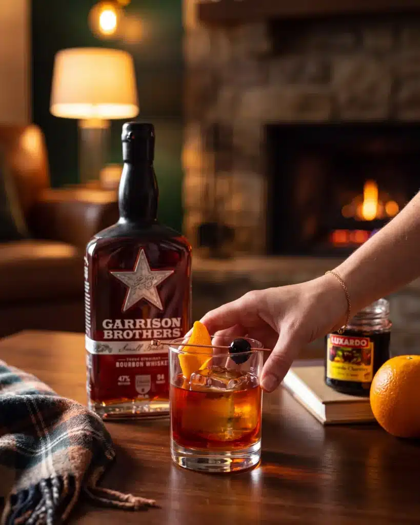Tapped and Unwrapped bourbon cocktail by a stone fireplace with a bottle of Garrison Brothers Small Batch Bourbon