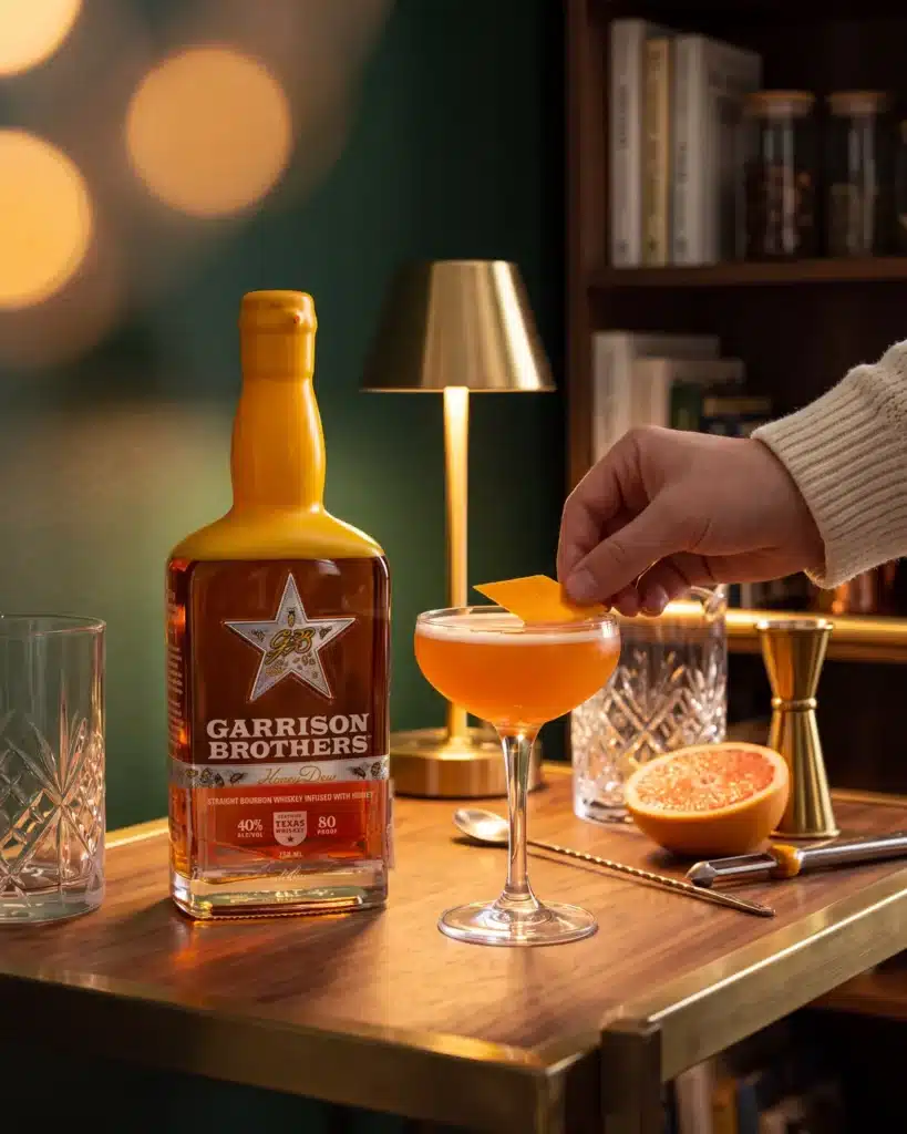 Fly Tai bourbon cocktail on a home bar cart with a bottle of Garrison Brothers HoneyDew Bourbon