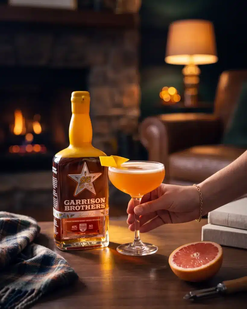 Fly Tai bourbon cocktail by a stone fireplace with a bottle of Garrison Brothers HoneyDew Bourbon