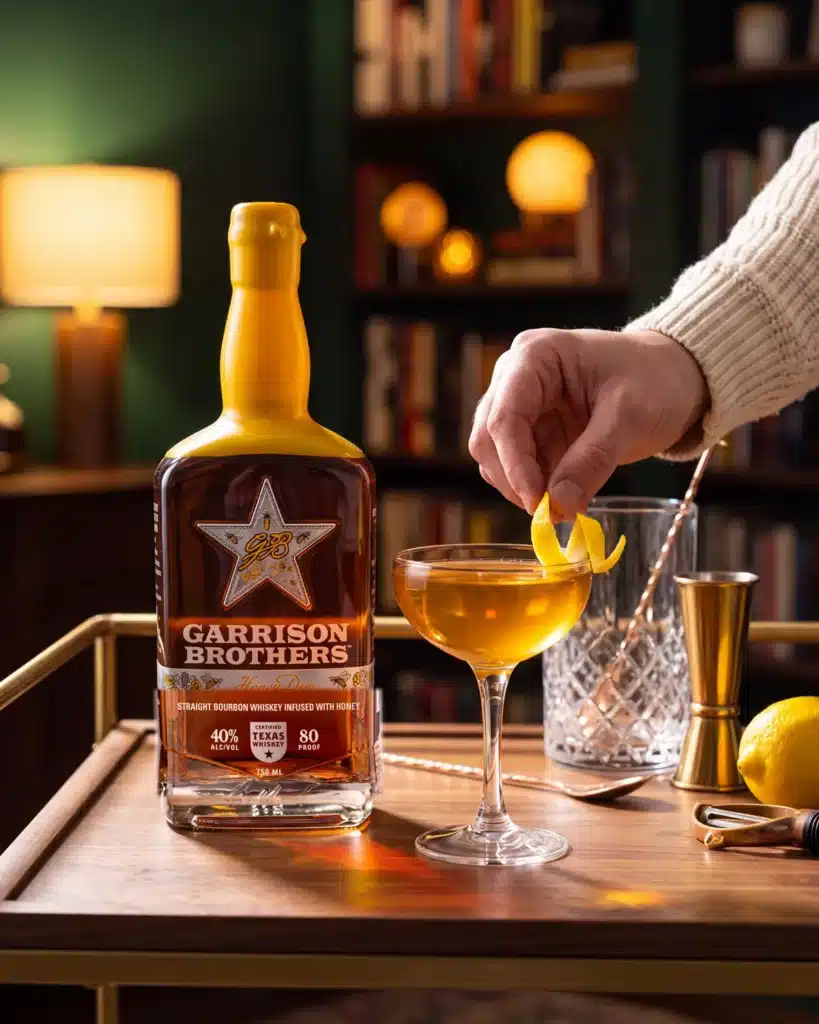 Leave Me S-Peach-Less bourbon cocktail on a home bar cart with a bottle of Garrison Brothers HoneyDew Bourbon