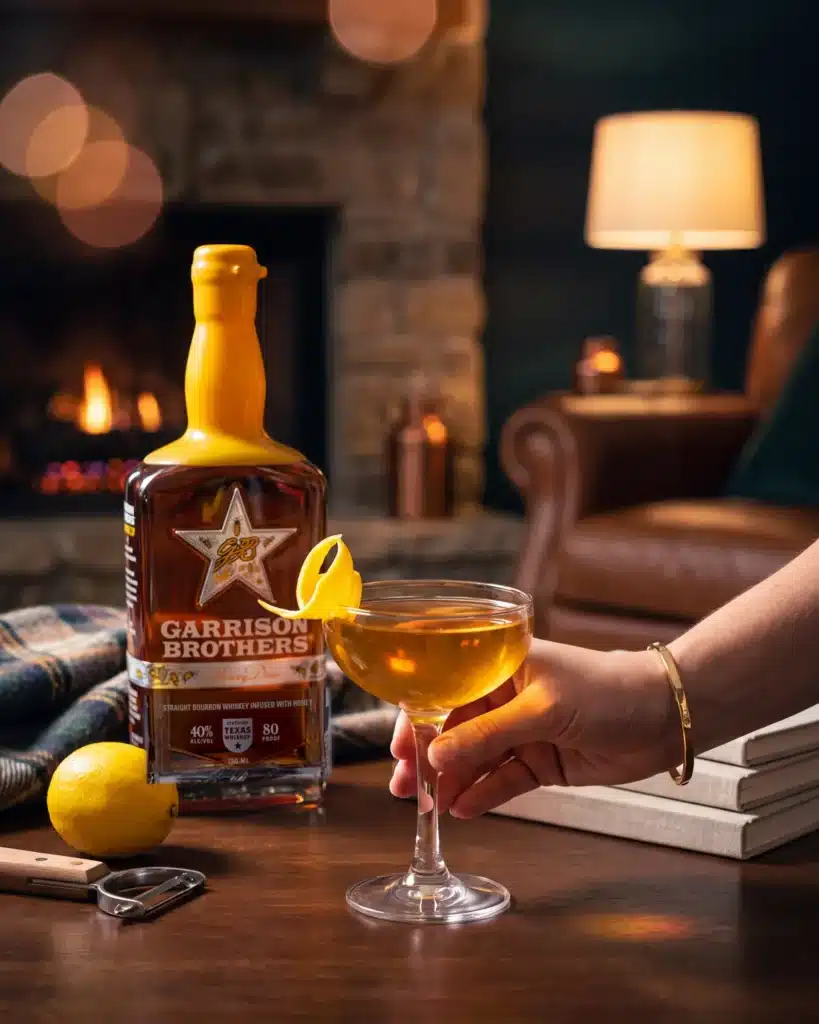 Leave Me S-Peach-Less bourbon cocktail by a stone fireplace with a bottle of Garrison Brothers HoneyDew Bourbon