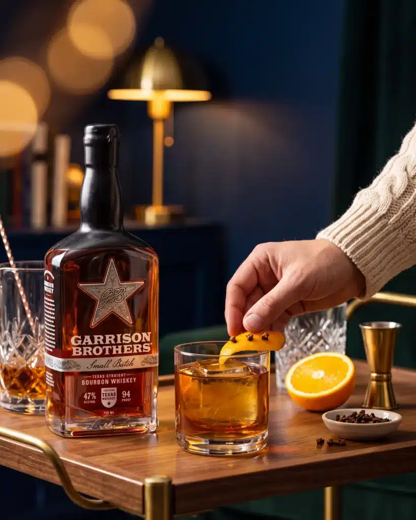 Rick-House Ruckus bourbon cocktail with a clove-studded orange peel beside a bottle of Garrison Brothers Small Batch Bourbon on a home bar cart