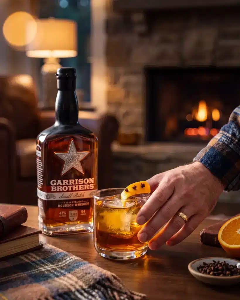 Rick-House Ruckus bourbon cocktail by a stone fireplace with Garrison Brothers Small Batch Bourbon