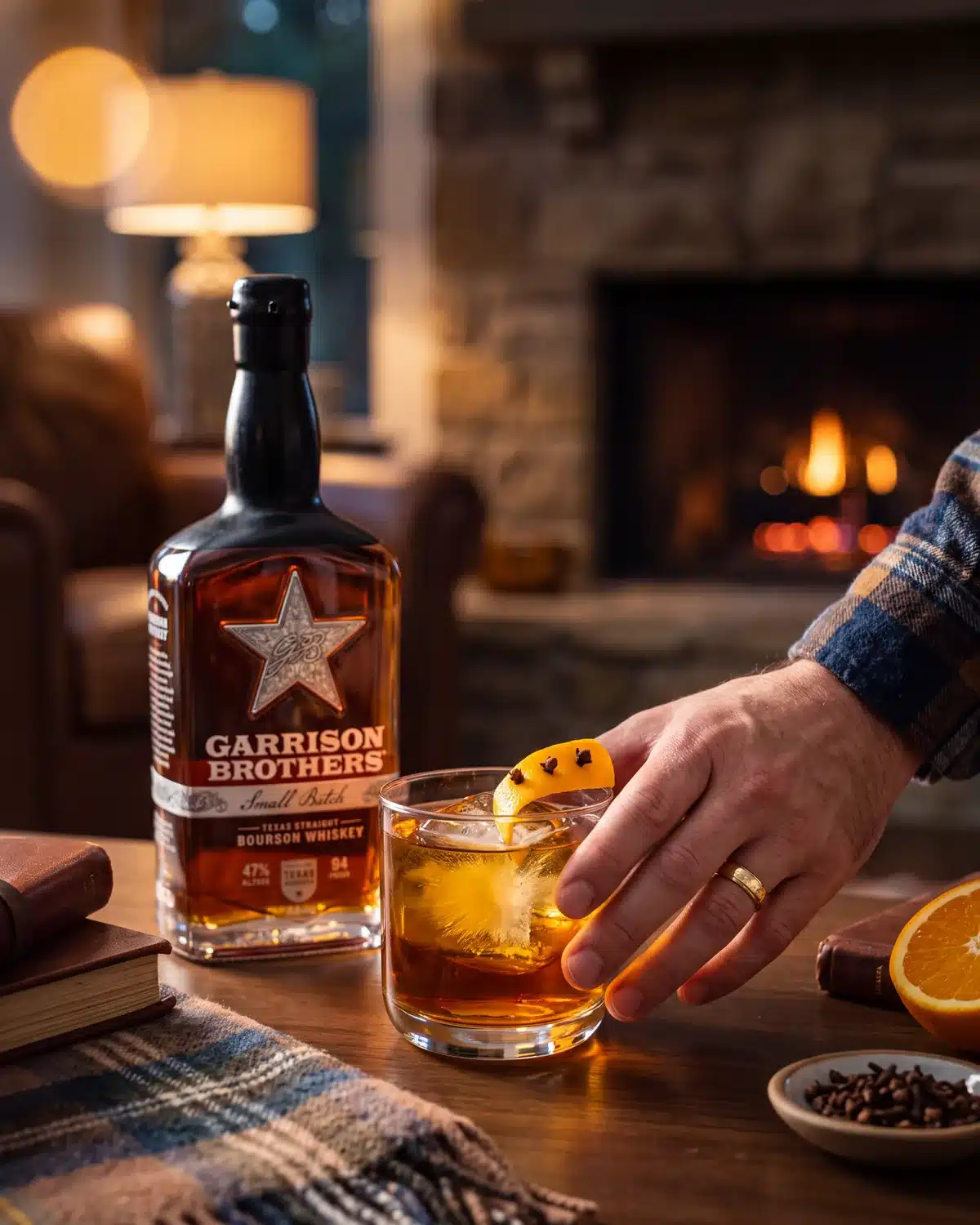 Rick-House Ruckus bourbon cocktail by a stone fireplace with Garrison Brothers Small Batch Bourbon