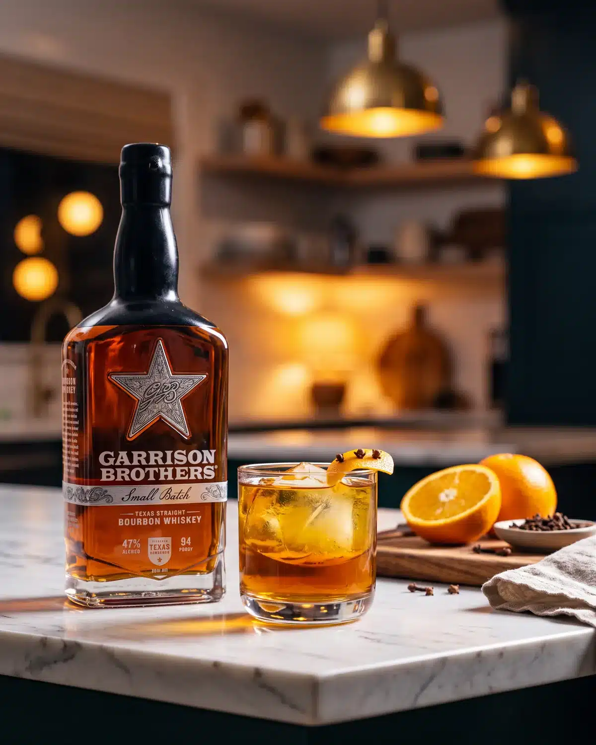 Rick-House Ruckus cocktail on a kitchen counter with oranges, cloves and Garrison Brothers Small Batch Bourbon
