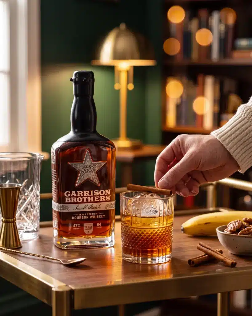Sundae Best bourbon cocktail on a home bar cart with a bottle of Garrison Brothers Small Batch Bourbon