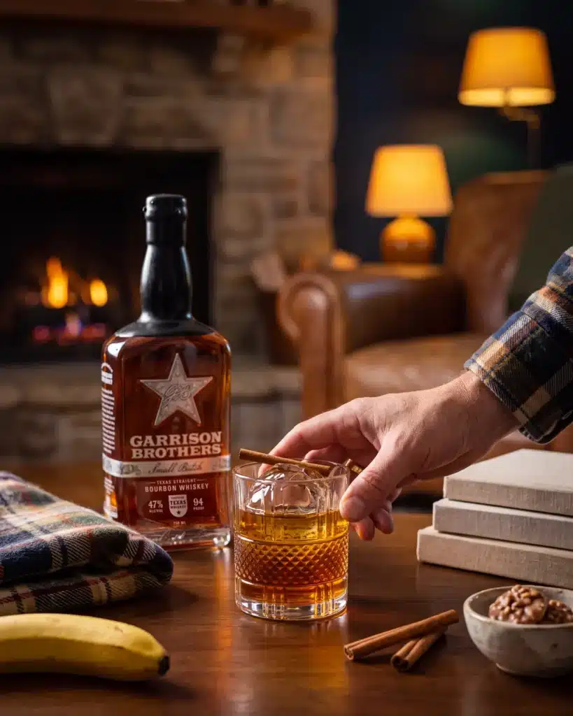 Sundae Best bourbon cocktail by a stone fireplace with a bottle of Garrison Brothers Small Batch Bourbon