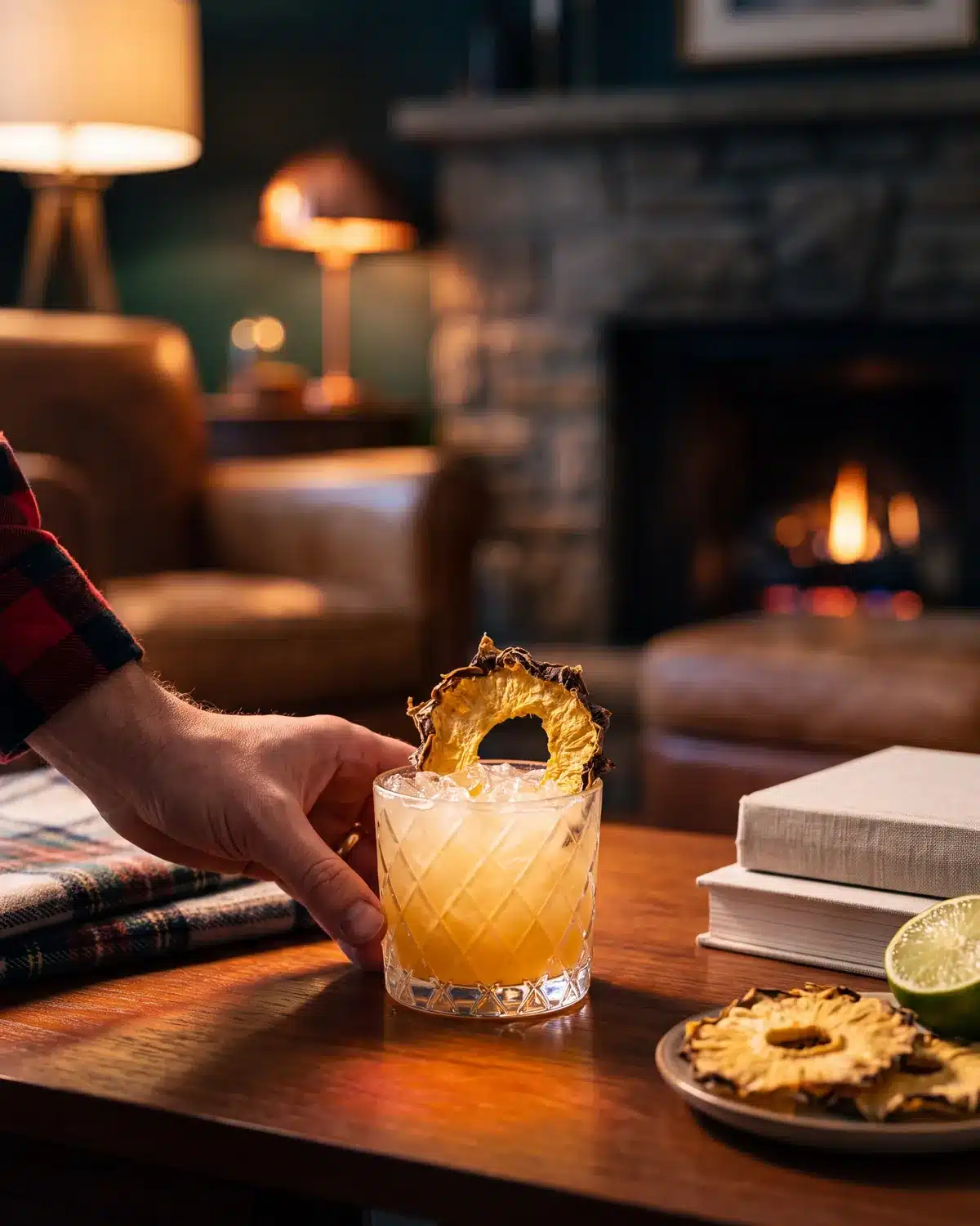 Texas Tradewinds bourbon cocktail by a stone fireplace with a bottle of Garrison Brothers Small Batch Bourbon