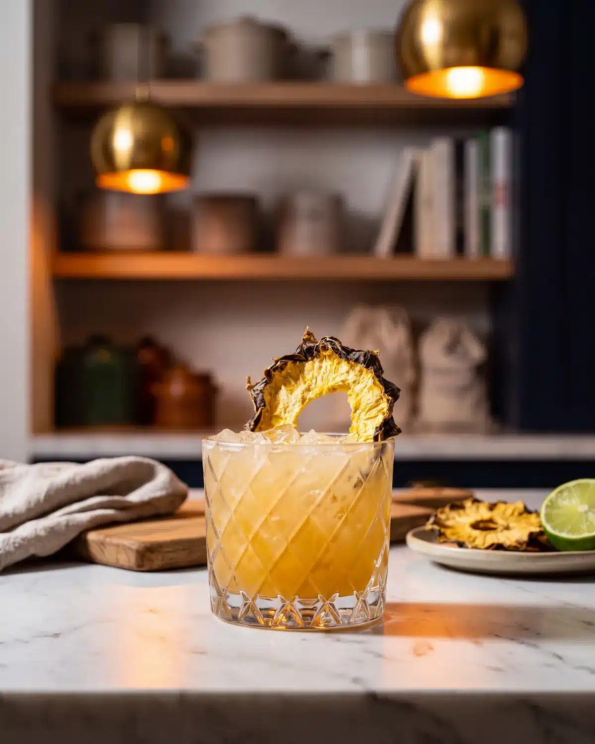 Texas Tradewinds bourbon cocktail on a kitchen counter with a bottle of Garrison Brothers Small Batch Bourbon