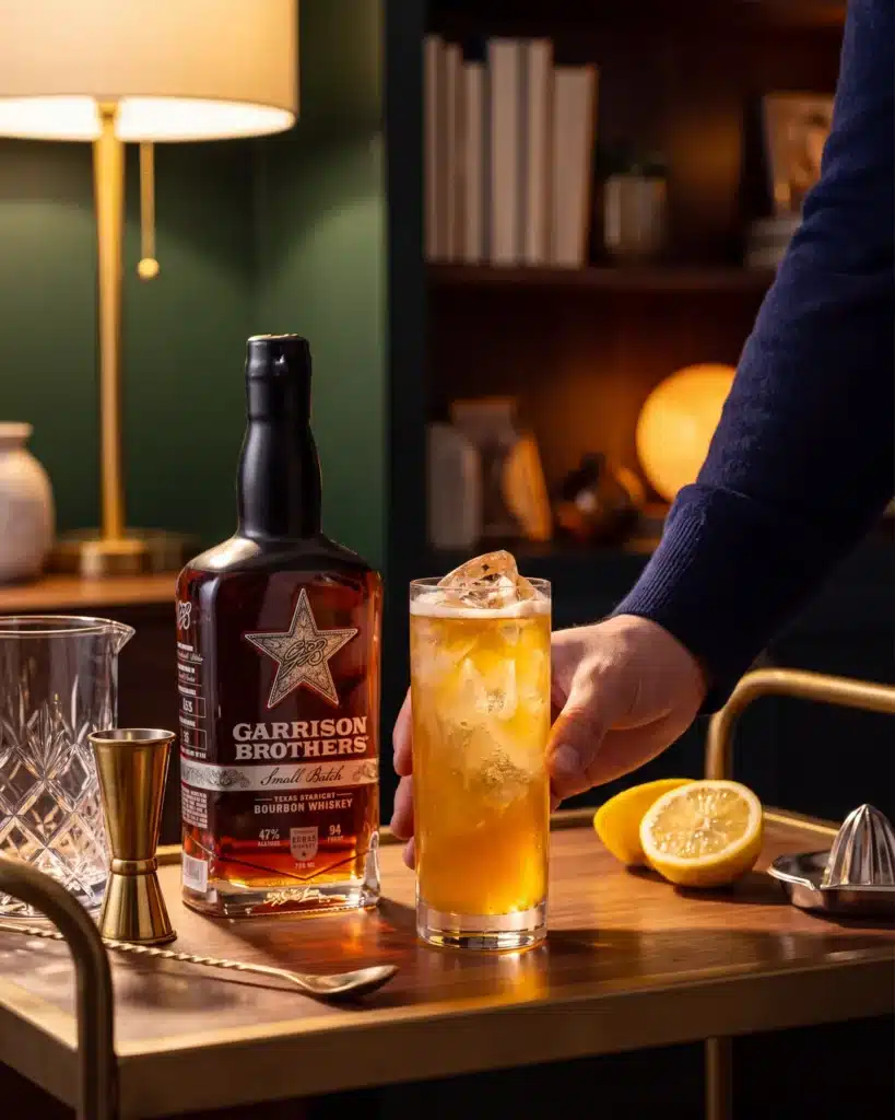 The Rattlesnake bourbon cocktail on a home bar cart with a bottle of Garrison Brothers Small Batch Bourbon