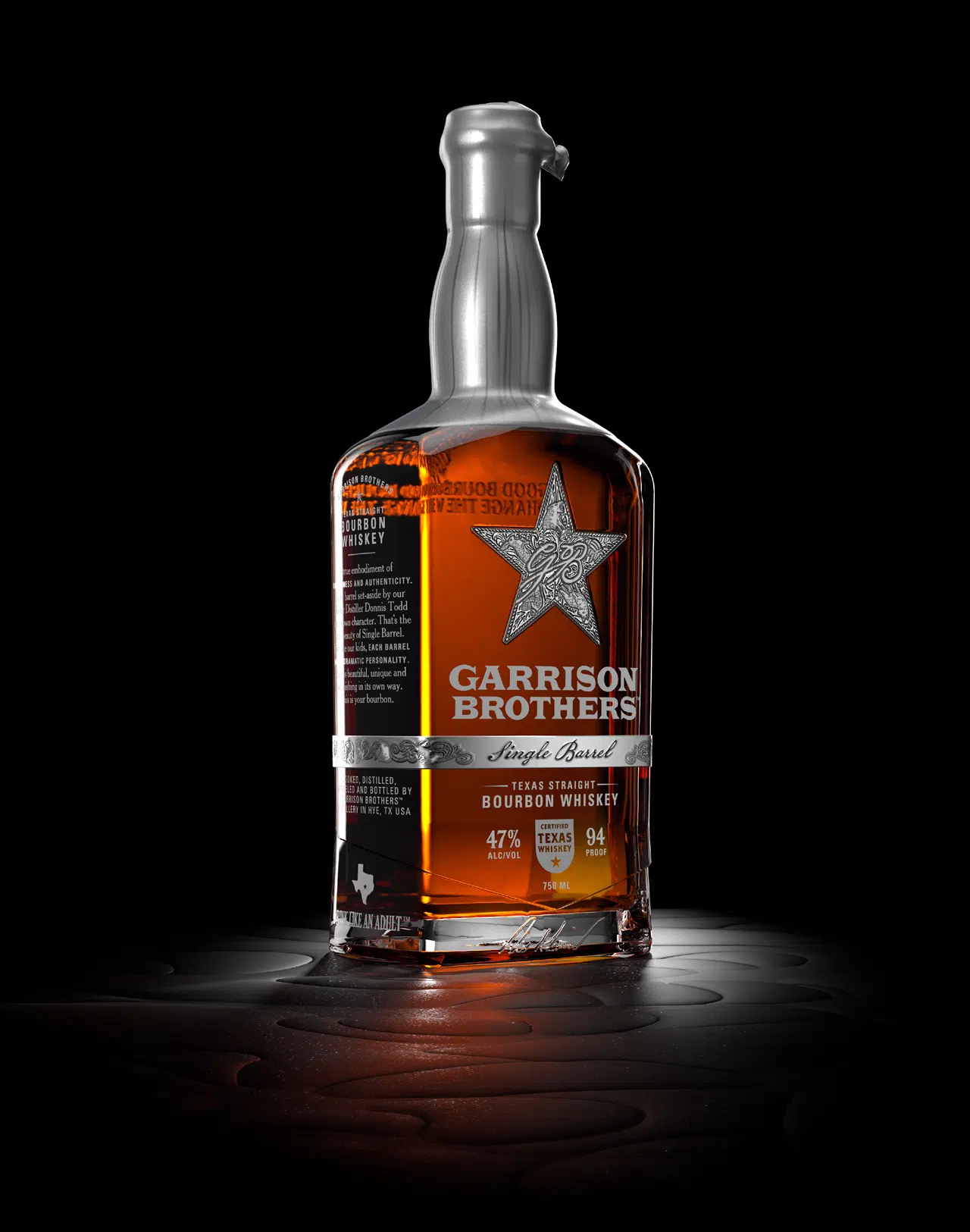 Garrison Brothers Single Barrel Texas bourbon bottle, aged six years
