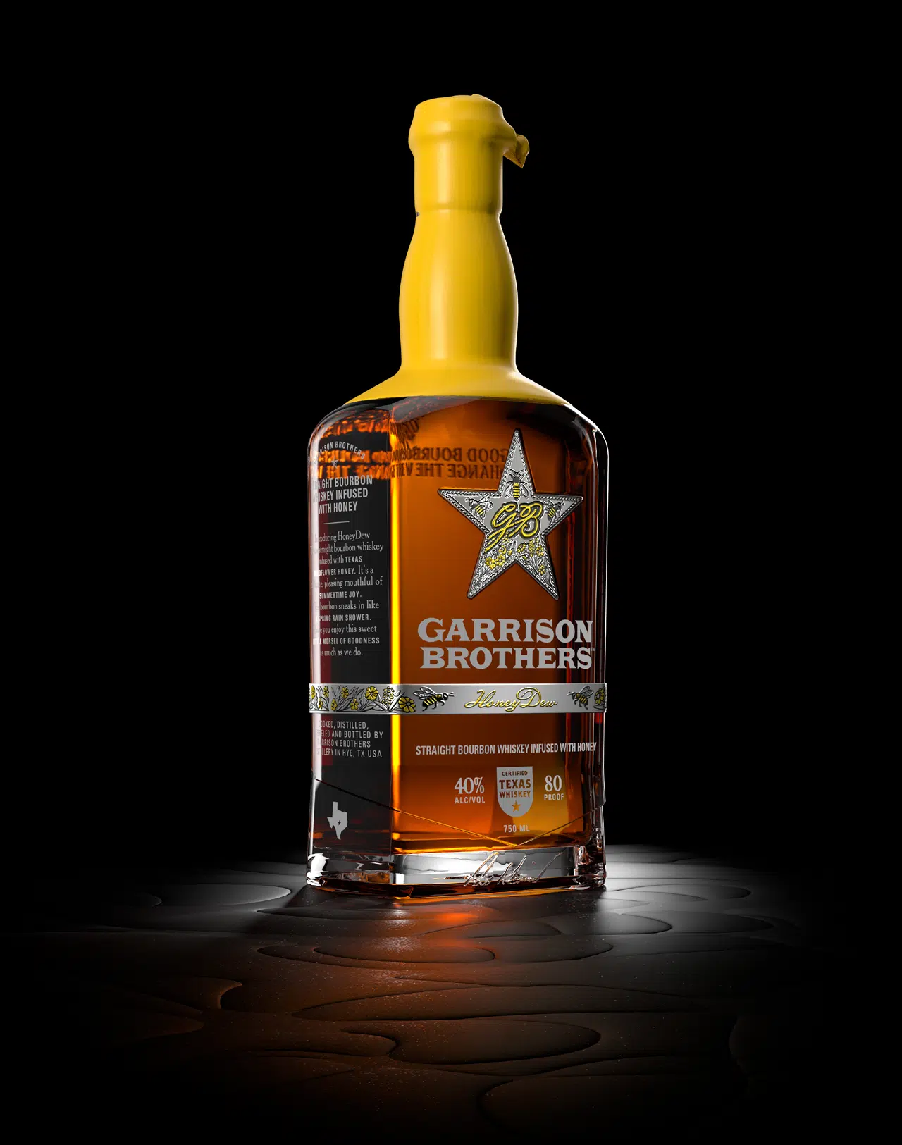 Garrison Brothers HoneyDew Texas bourbon bottle, infused with Texas wildflower honey
