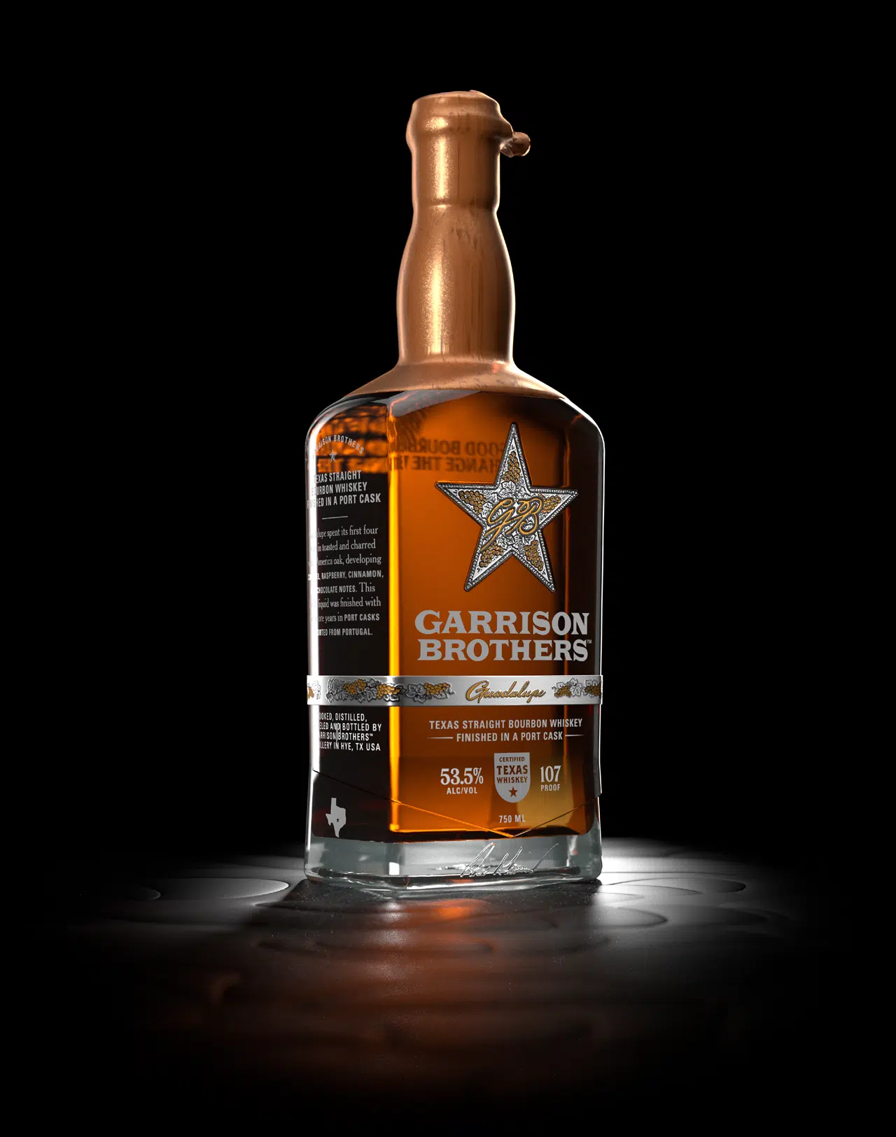 Garrison Brothers Guadalupe bottle, a port-finished Texas bourbon