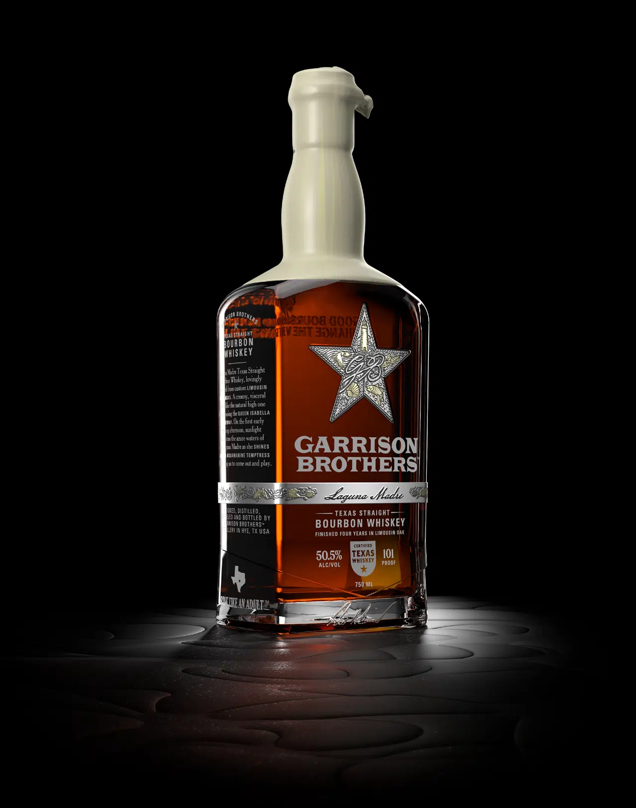Garrison Brothers Laguna Madre bottle, an 8-year Texas bourbon finished in French Limousin oak