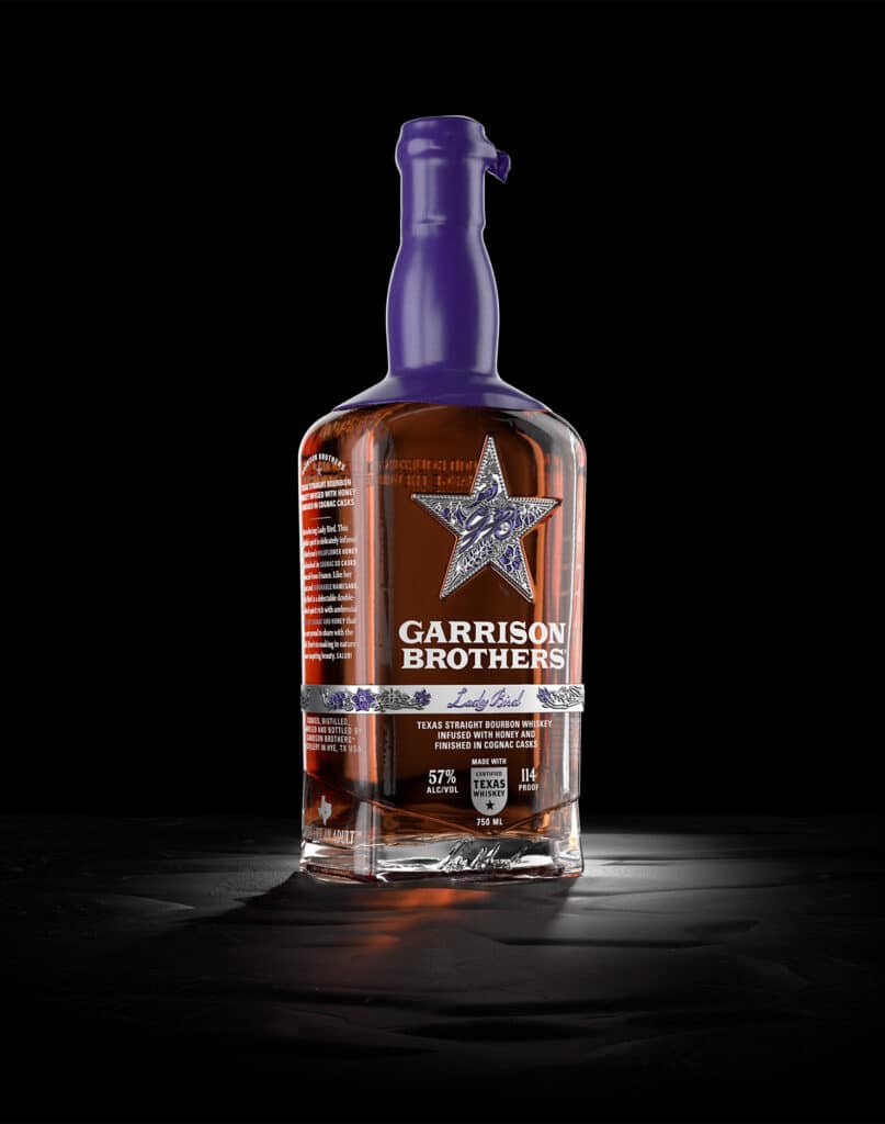 Garrison Brothers Lady Bird bottle, a honey-infused, cognac-finished Texas bourbon