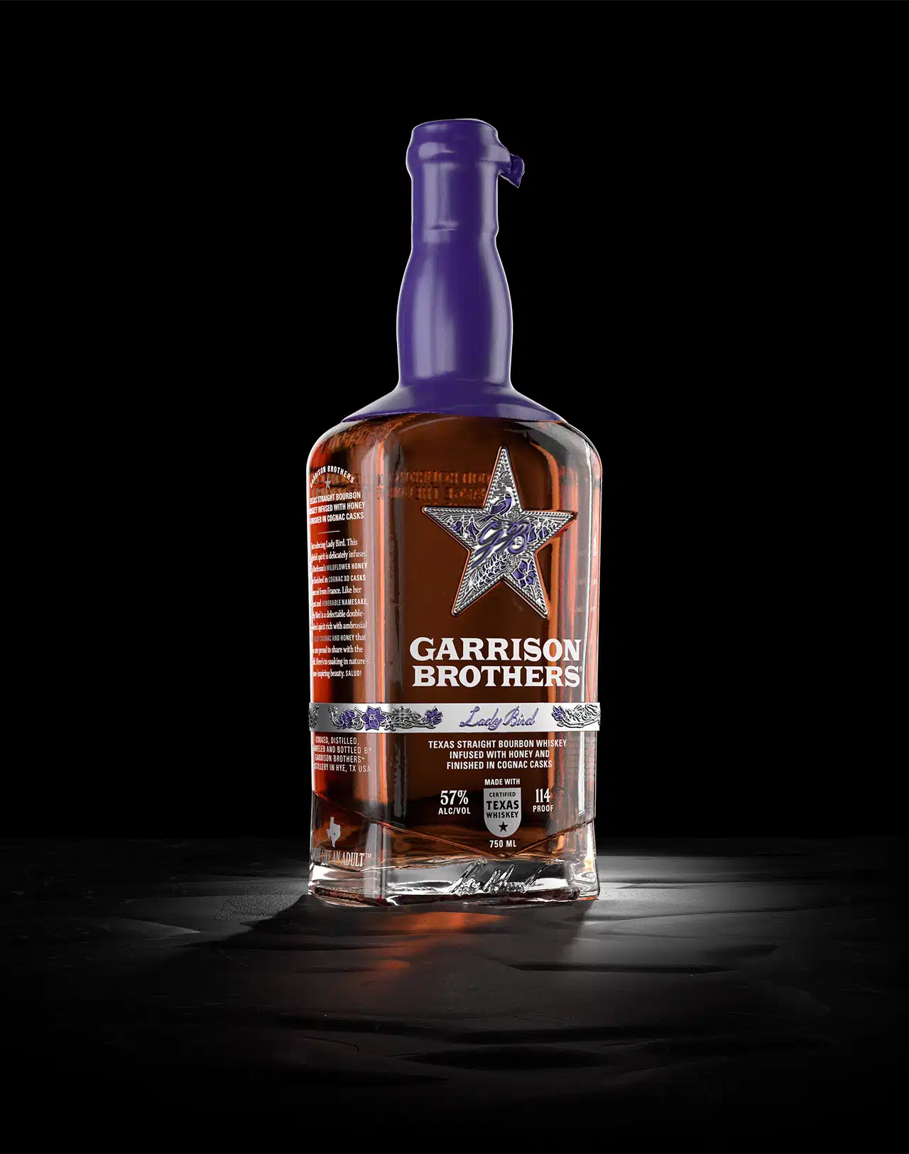 Garrison Brothers Lady Bird bottle, a honey-infused, cognac-finished Texas bourbon