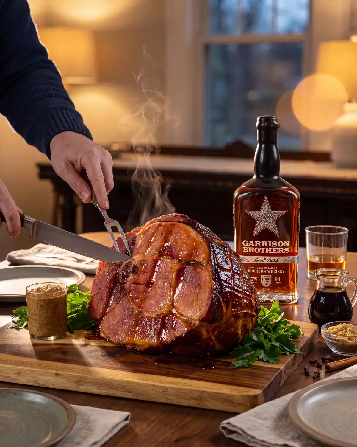 Bourbon Glazed Ham on a dining table with a bottle of Garrison Brothers Small Batch Bourbon