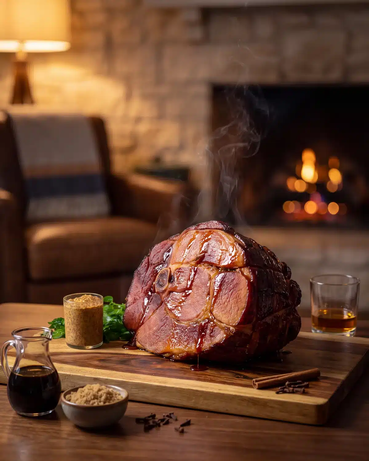 Bourbon glazed ham by the fireplace with Garrison Brothers Small Batch Bourbon