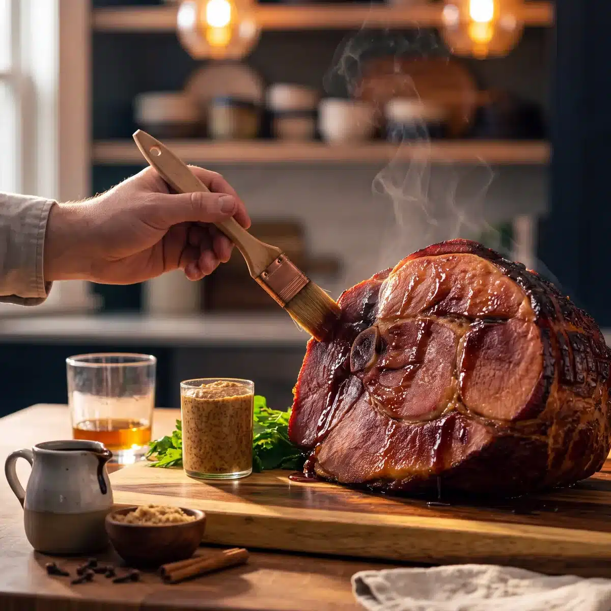 Bourbon glazed ham in a home kitchen with Garrison Brothers Small Batch Bourbon