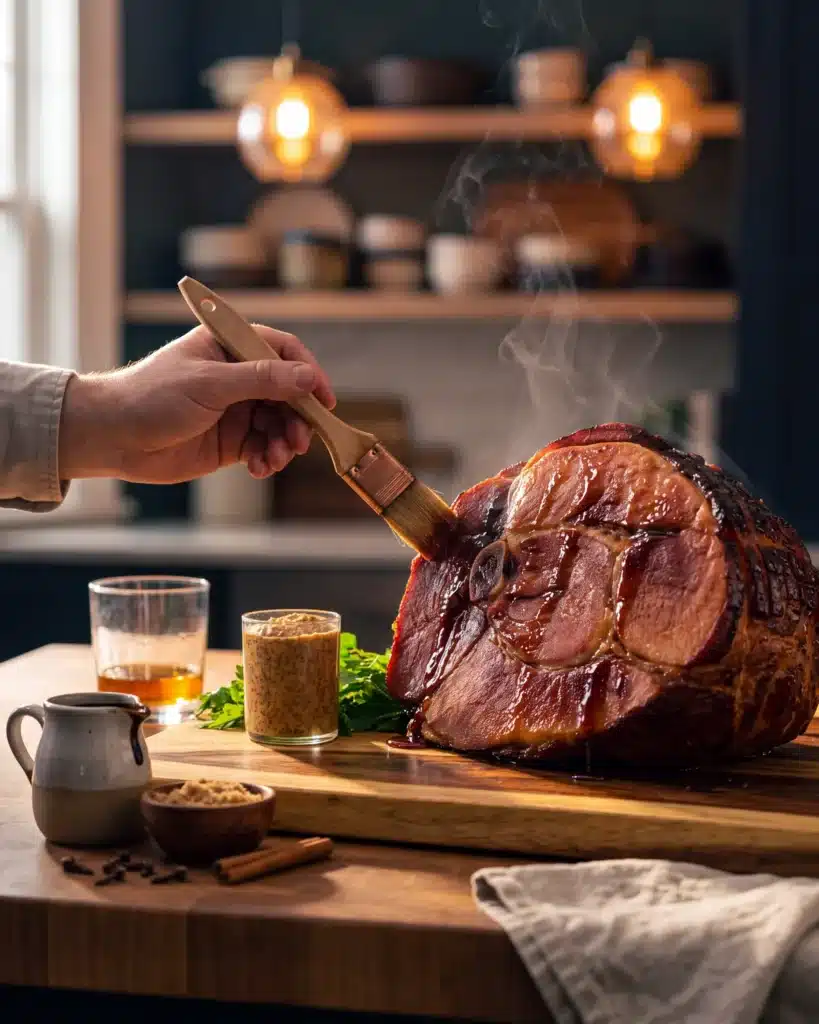 Bourbon glazed ham in a home kitchen with Garrison Brothers Small Batch Bourbon